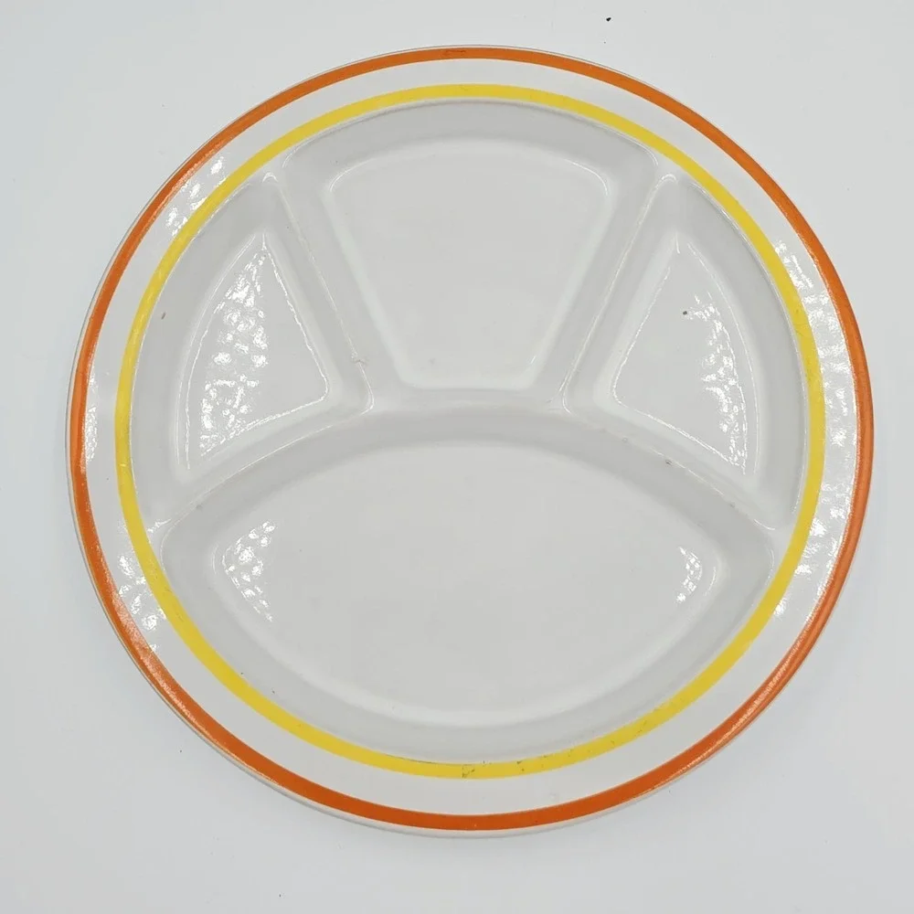 Vintage Soneware Fondue Plate 4 Compartments Yellow And Orange Stripe Round 70's